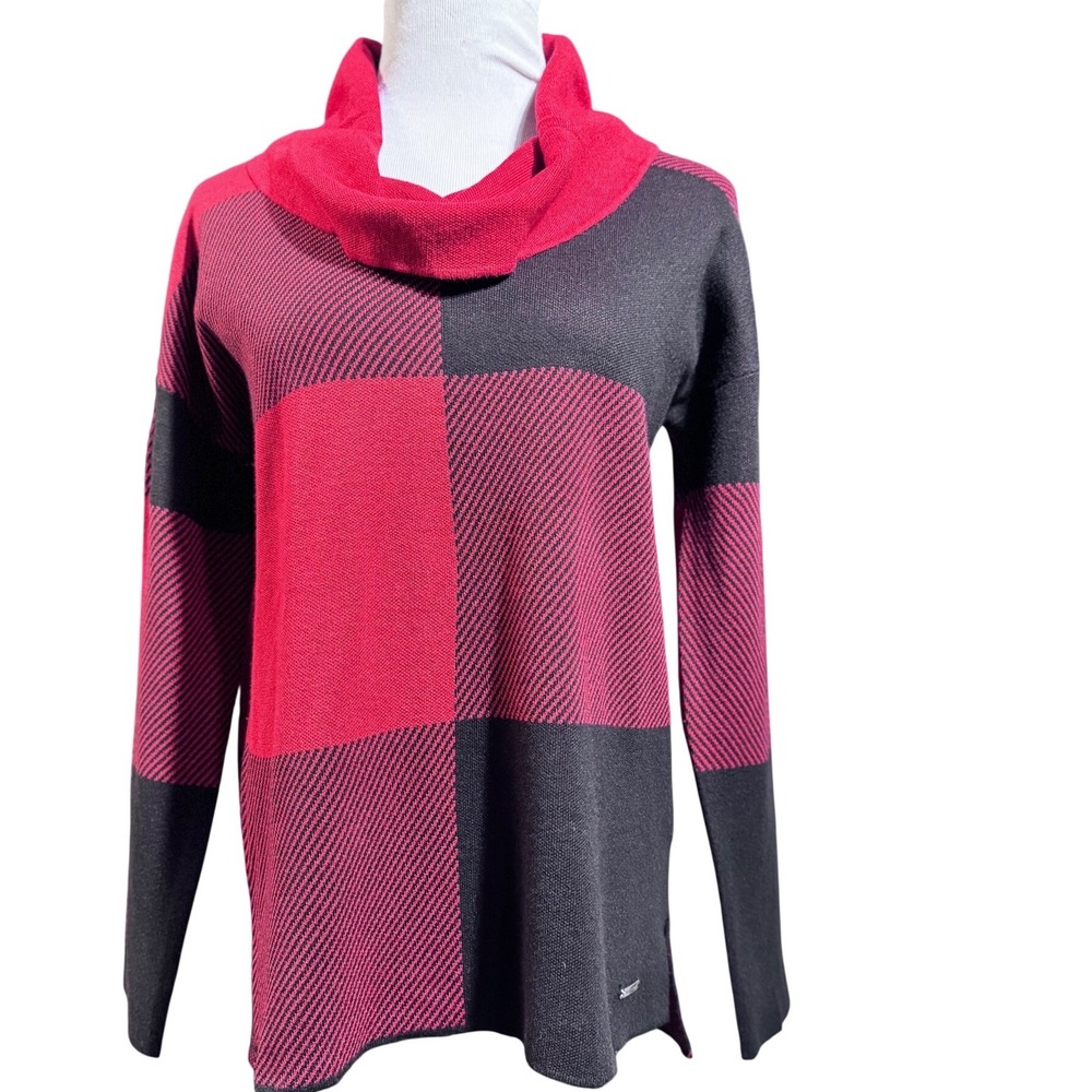 Calvin Klein Sweater Plaid Cowl Neck Red Black Small Buffalo Check‎ Knit